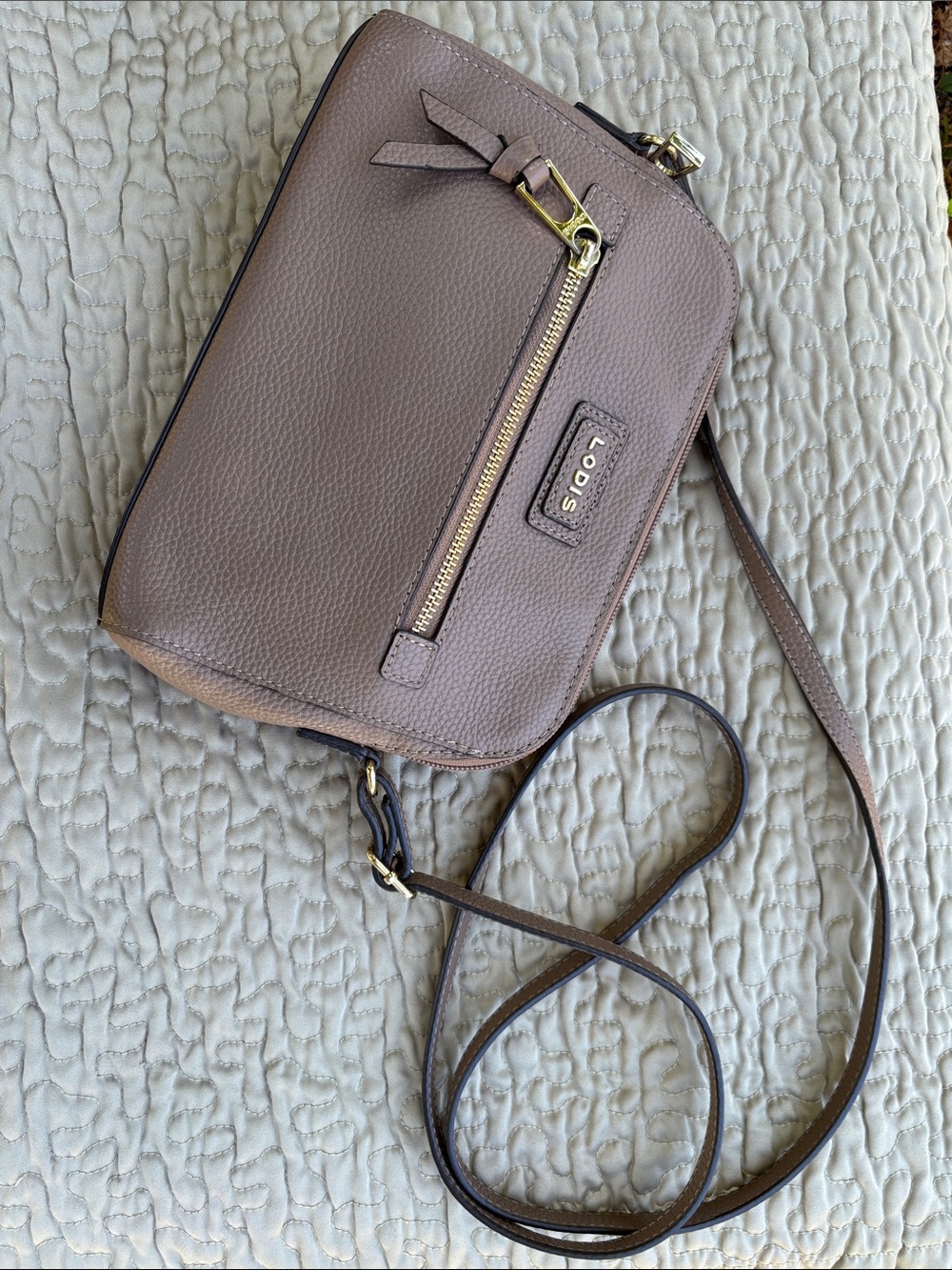 Lodis Taupe Pebbled Leather Crossbody with Gold Hardware